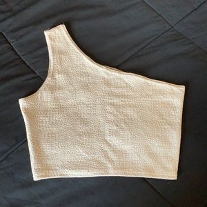 Cream Alligator Texture One-Shoulder Crop Top